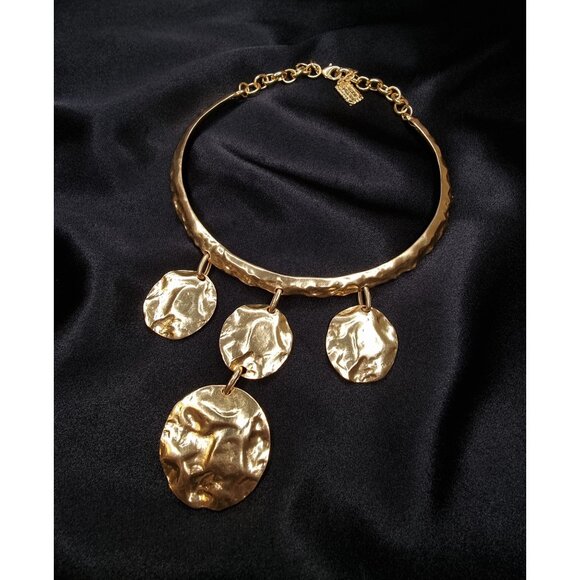 Karine Sultan Hammered Goldtone Statement Necklace With Chain & Lobster Clasp - Picture 1 of 5
